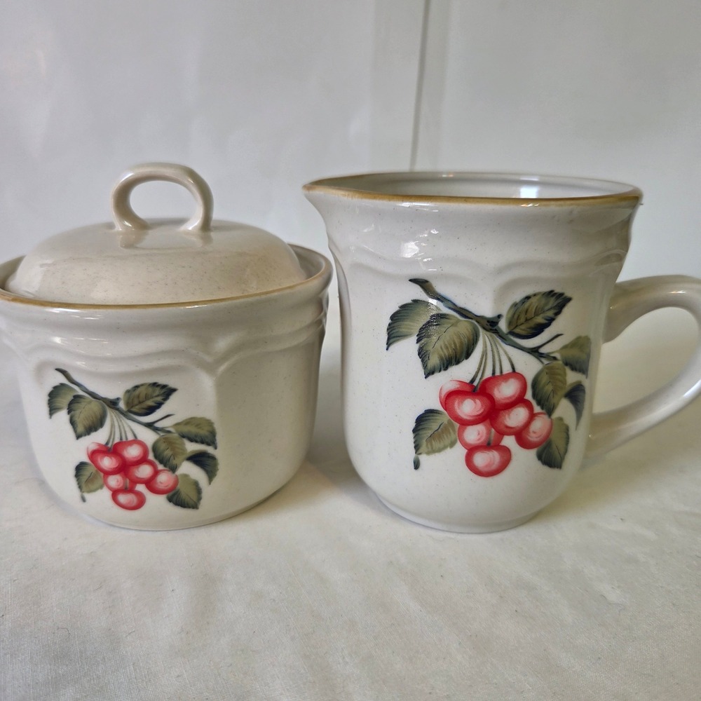 Vintage Stoneware Cream and Sugar Set Japan Red Cherry Motif Speckled Cream